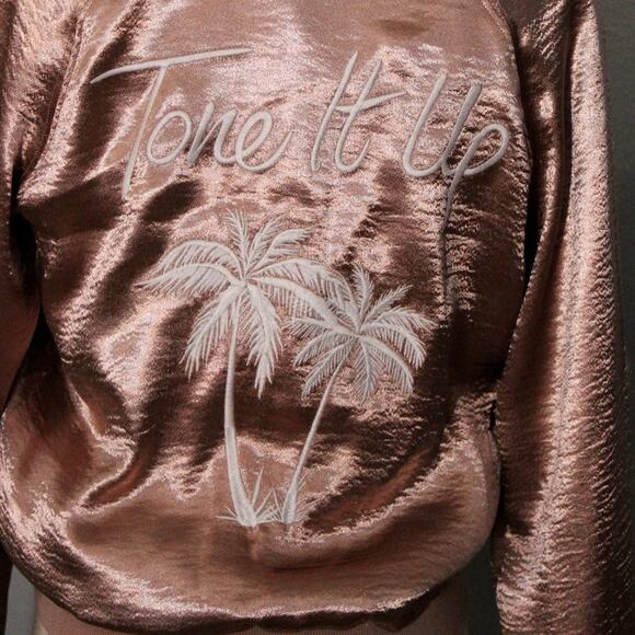 Tone It Up Rose Gold Satin Bomber Jacket Size Small - Picture 7 of 8